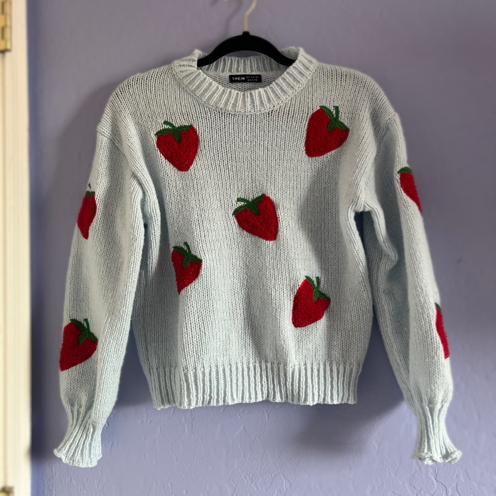 Cottagecore light blue strawberry knit sweater - Picture 1 of 3